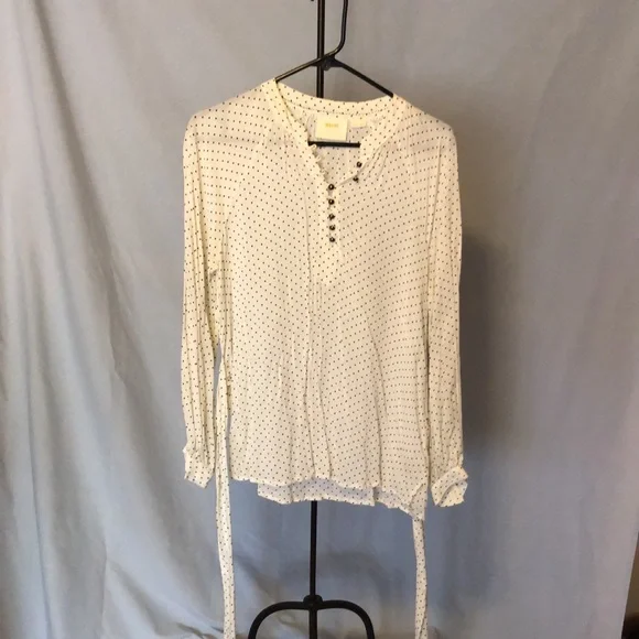 Maeve (Anthropologie) semi sheet cream and black polka dot blouse w attached tie - Picture 2 of 8